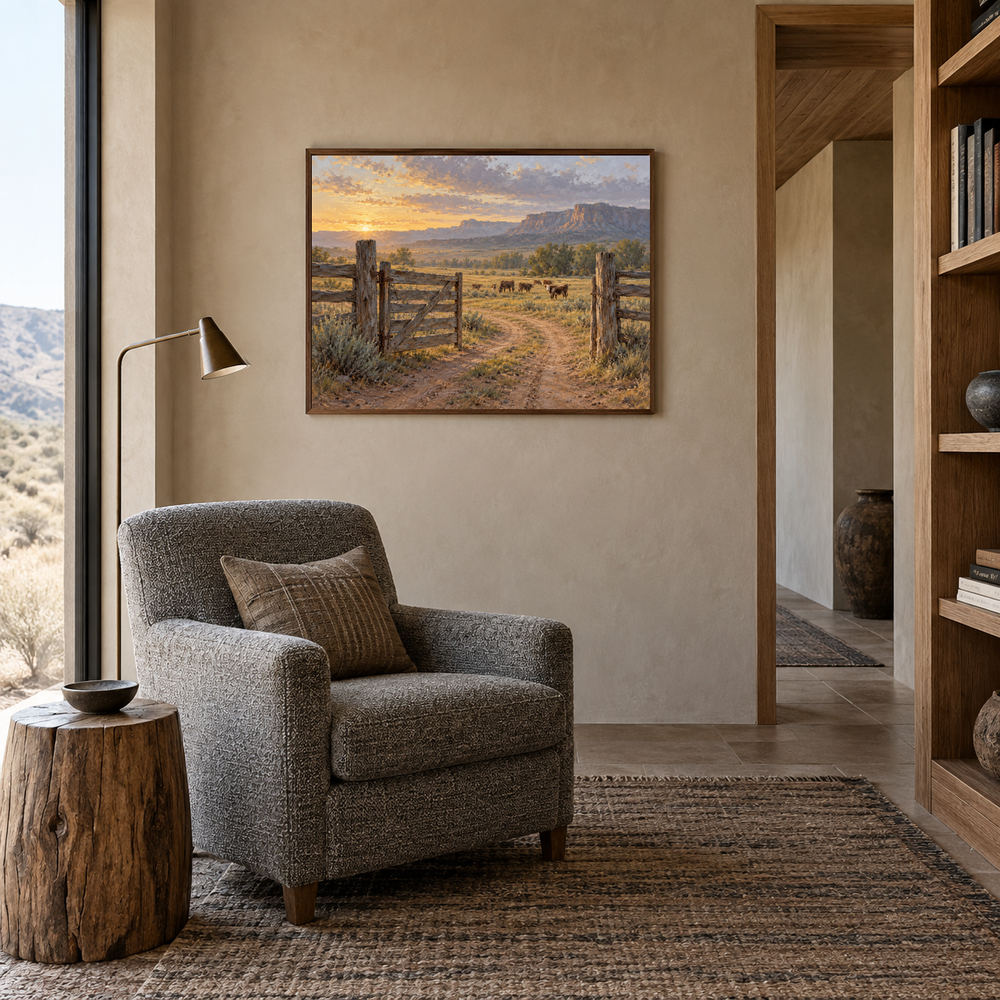 First Gate Western oil painting displayed in a reading room
