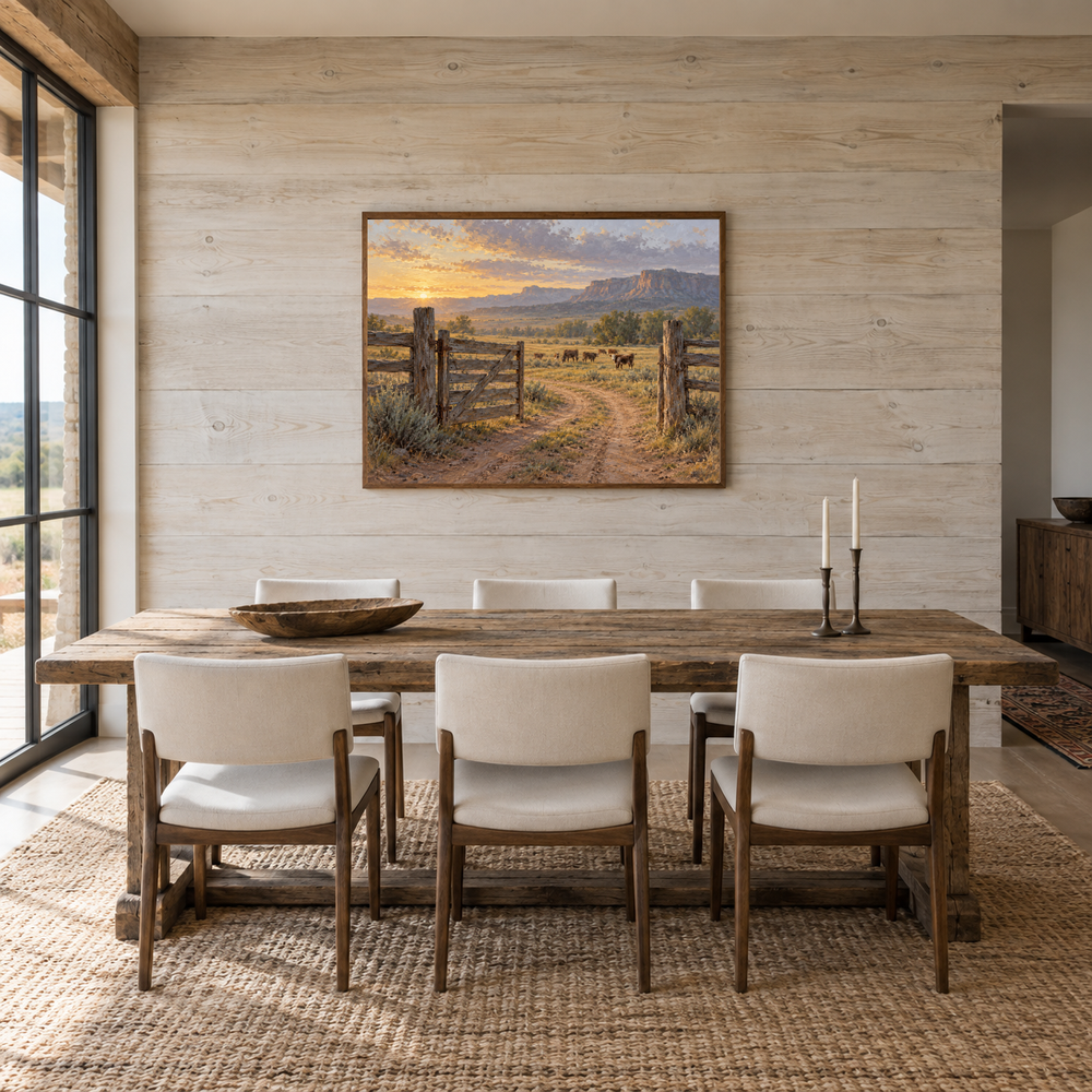 First Gate Western oil painting displayed in a dining room