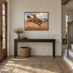 Eight Seconds Western oil painting displayed in a entryway