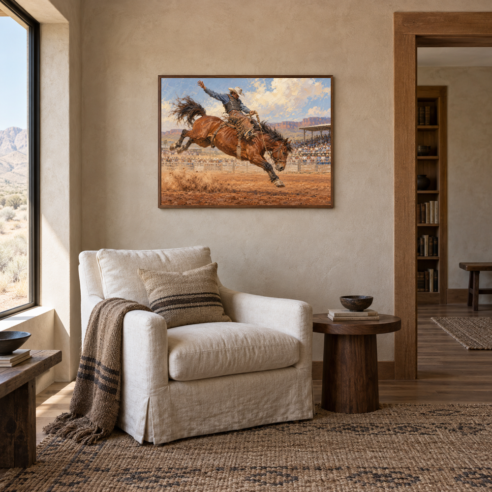 Eight Seconds Western oil painting displayed in a reading room