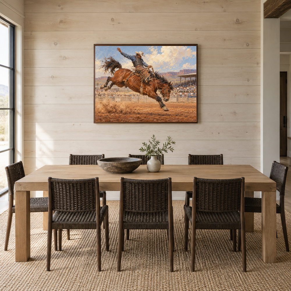 Eight Seconds Western oil painting displayed in a dining room