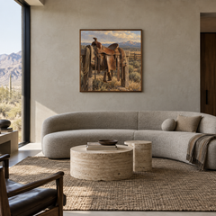 Saddle at Rest Western oil painting displayed in a living room