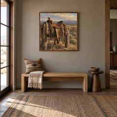 Saddle at Rest Western oil painting displayed in a entryway