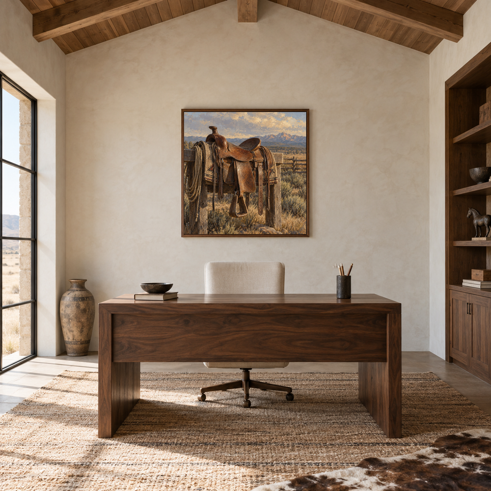 Saddle at Rest Western oil painting displayed in a study