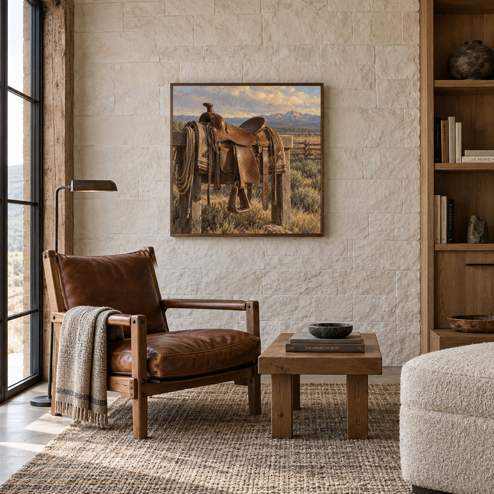Saddle at Rest Western oil painting displayed in a reading room