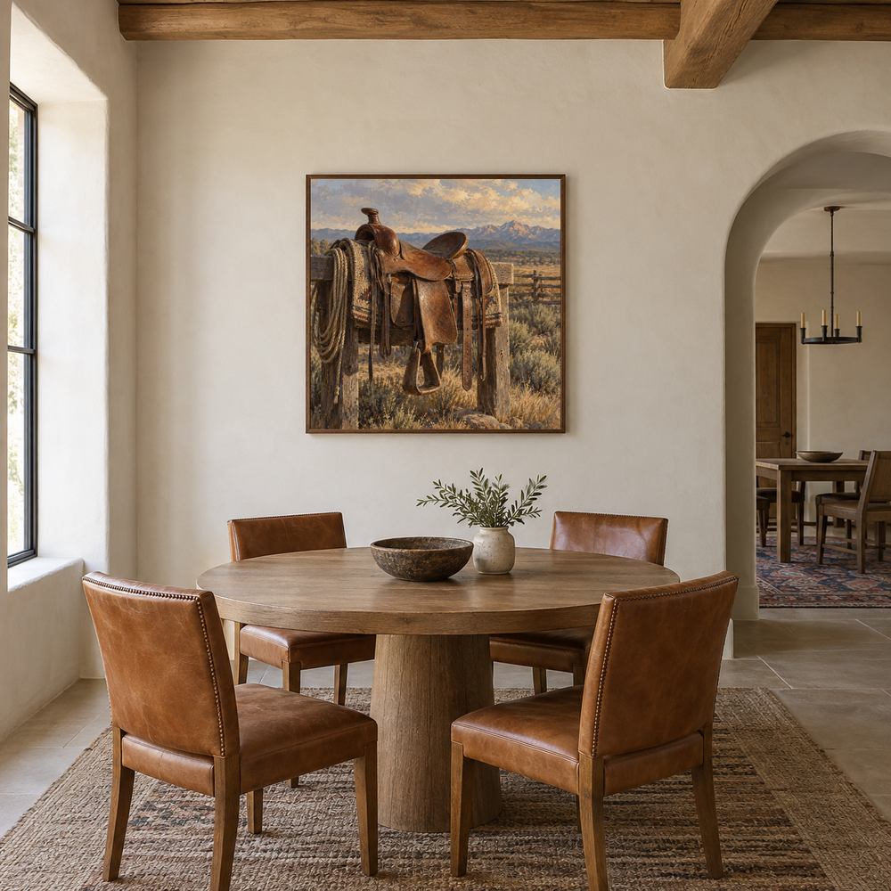 Saddle at Rest Western oil painting displayed in a dining room