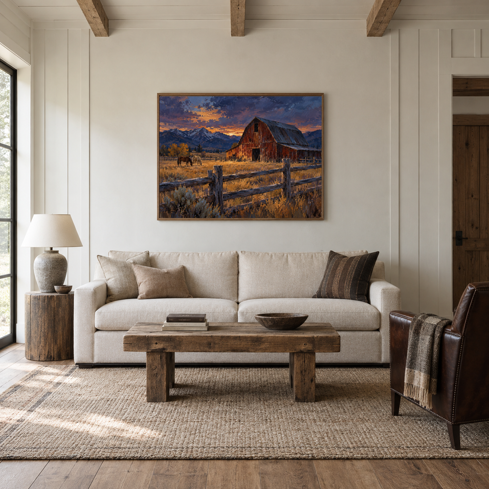 Barn in Blue Western oil painting displayed in a living room