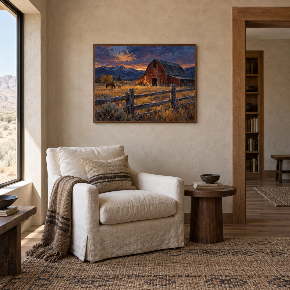Barn in Blue Western oil painting displayed in a reading room