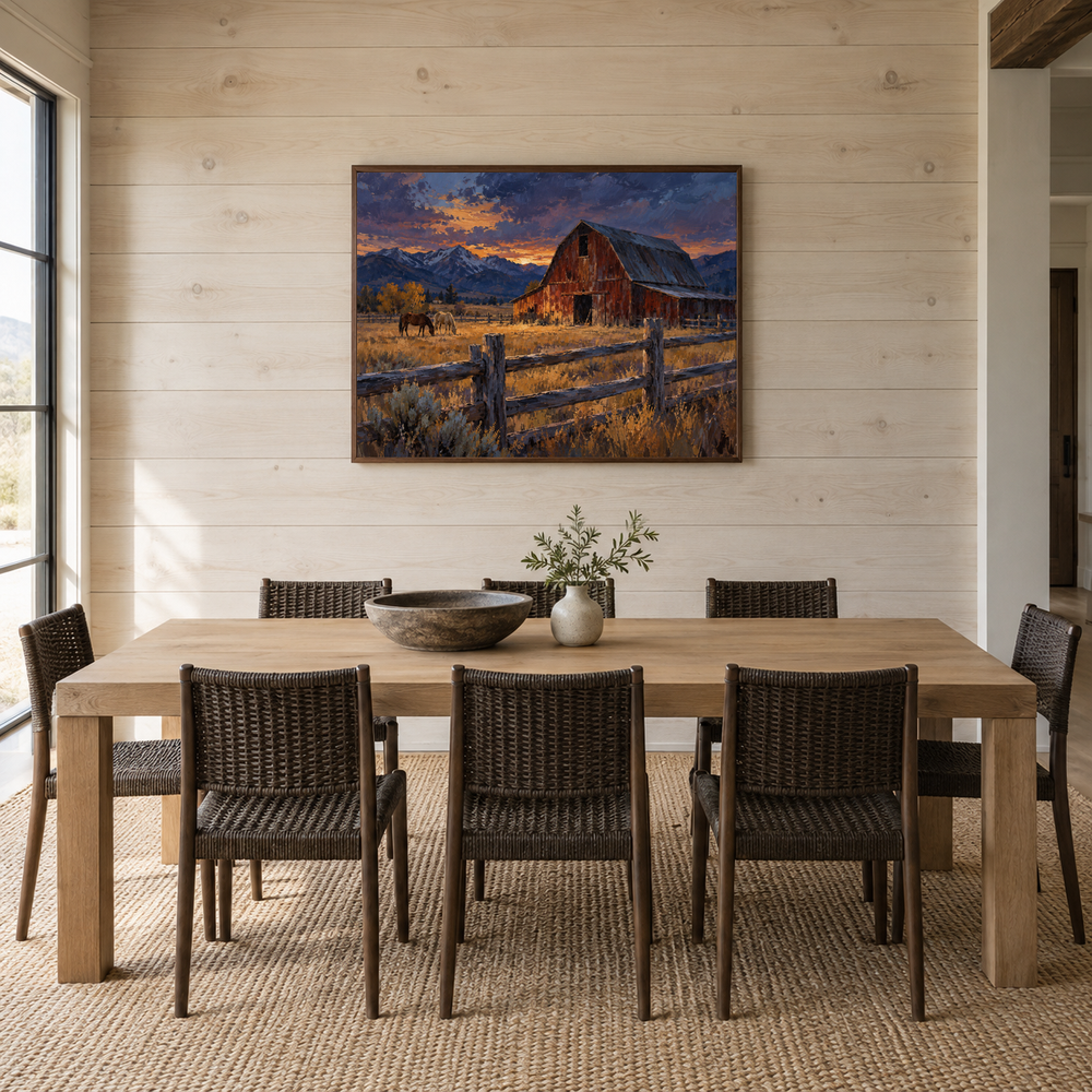 Barn in Blue Western oil painting displayed in a dining room