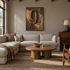 Rope and Shadow Western oil painting displayed in a living room