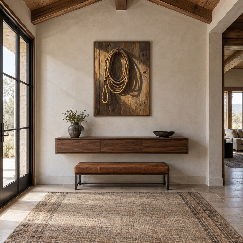 Rope and Shadow Western oil painting displayed in a entryway