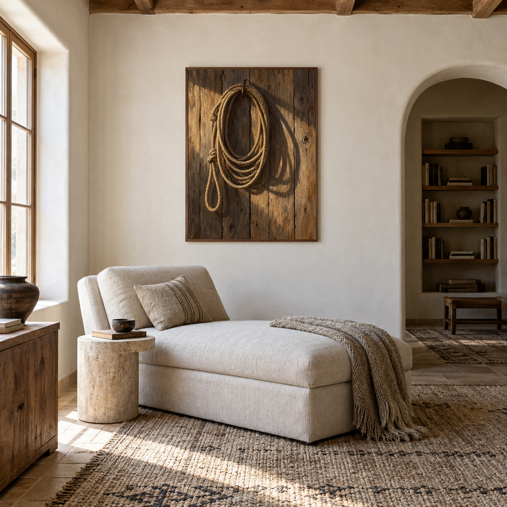 Rope and Shadow Western oil painting displayed in a reading room