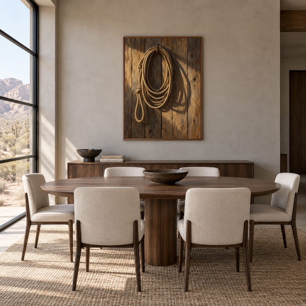 Rope and Shadow Western oil painting displayed in a dining room