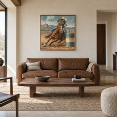 Arena Turn Western oil painting displayed in a living room