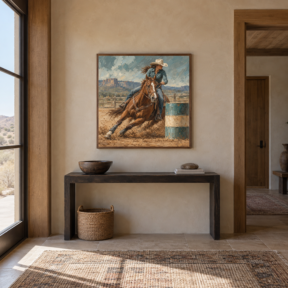 Arena Turn Western oil painting displayed in a entryway