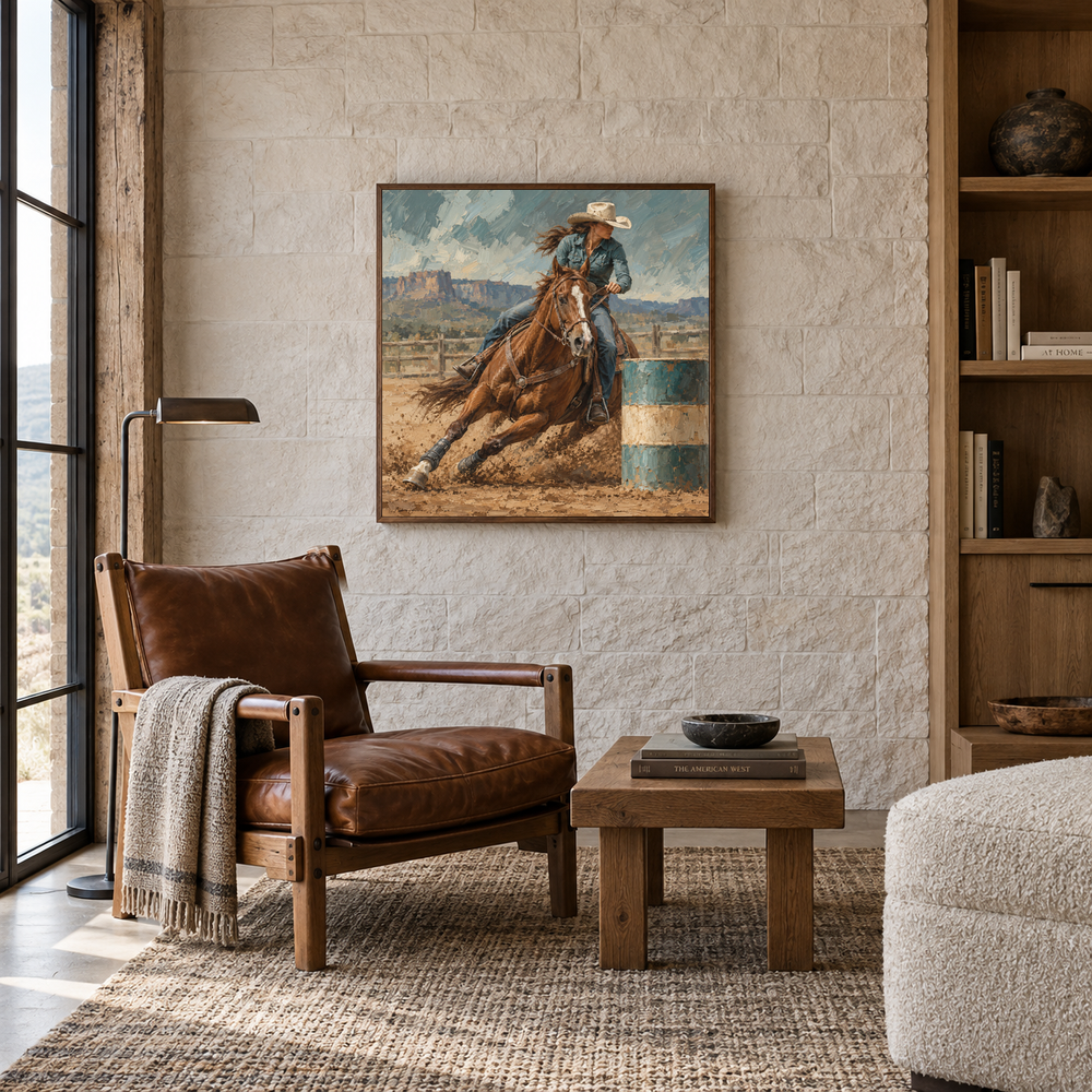 Arena Turn Western oil painting displayed in a reading room