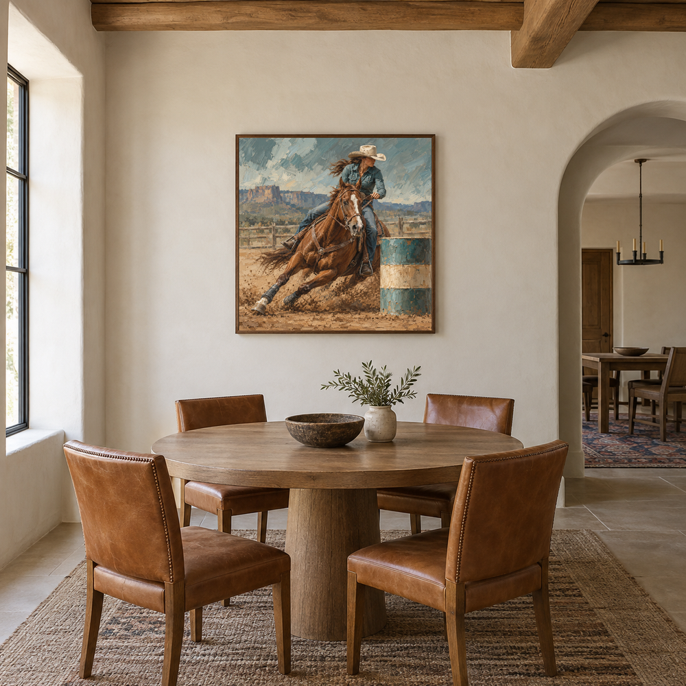Arena Turn Western oil painting displayed in a dining room