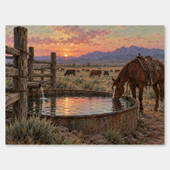 Water Trough Evening Western oil painting