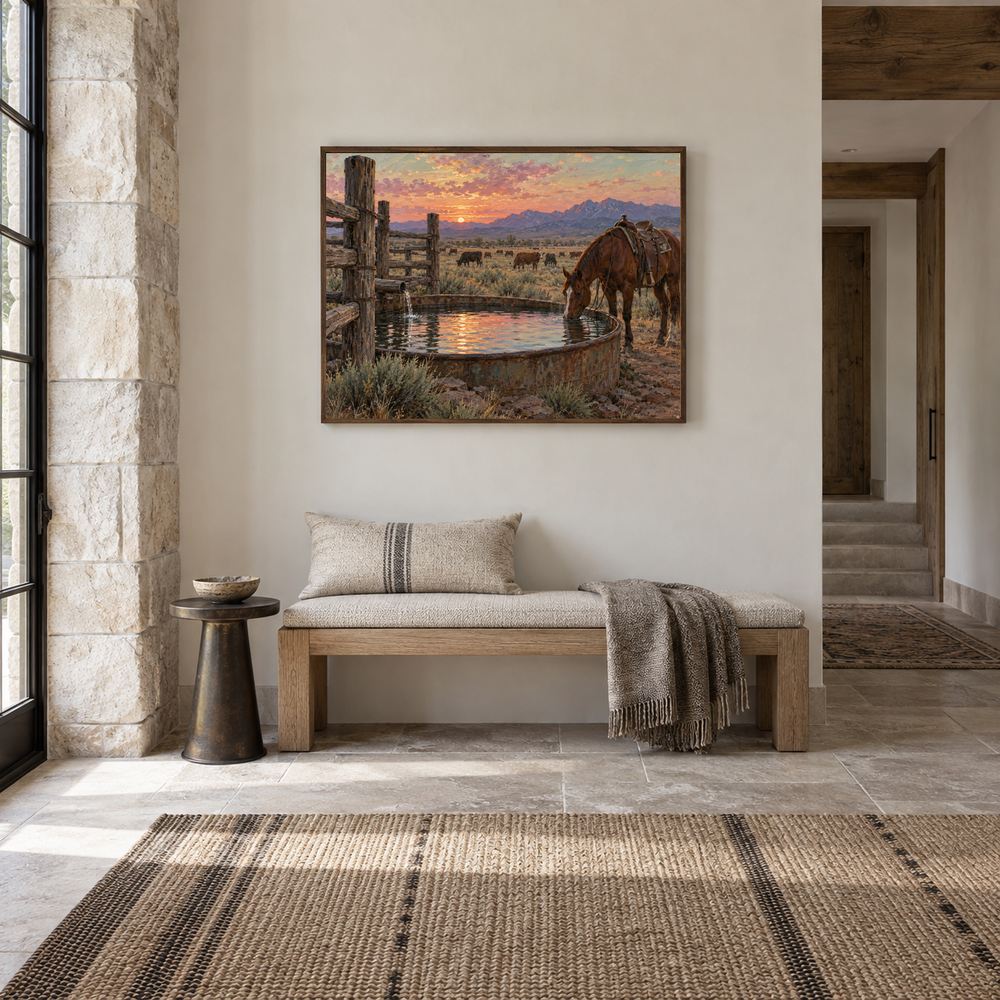 Water Trough Evening Western oil painting displayed in a entryway