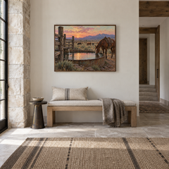 Water Trough Evening Western oil painting displayed in a entryway