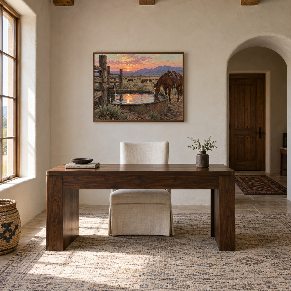 Water Trough Evening Western oil painting displayed in a study