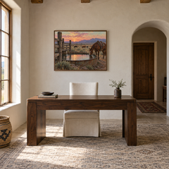 Water Trough Evening Western oil painting displayed in a study