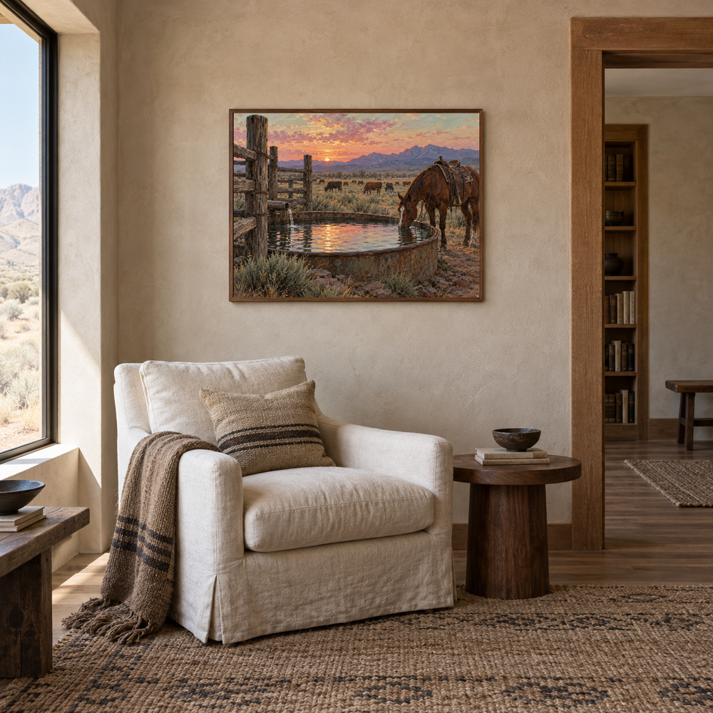 Water Trough Evening Western oil painting displayed in a reading room