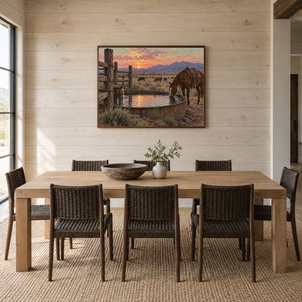 Water Trough Evening Western oil painting displayed in a dining room