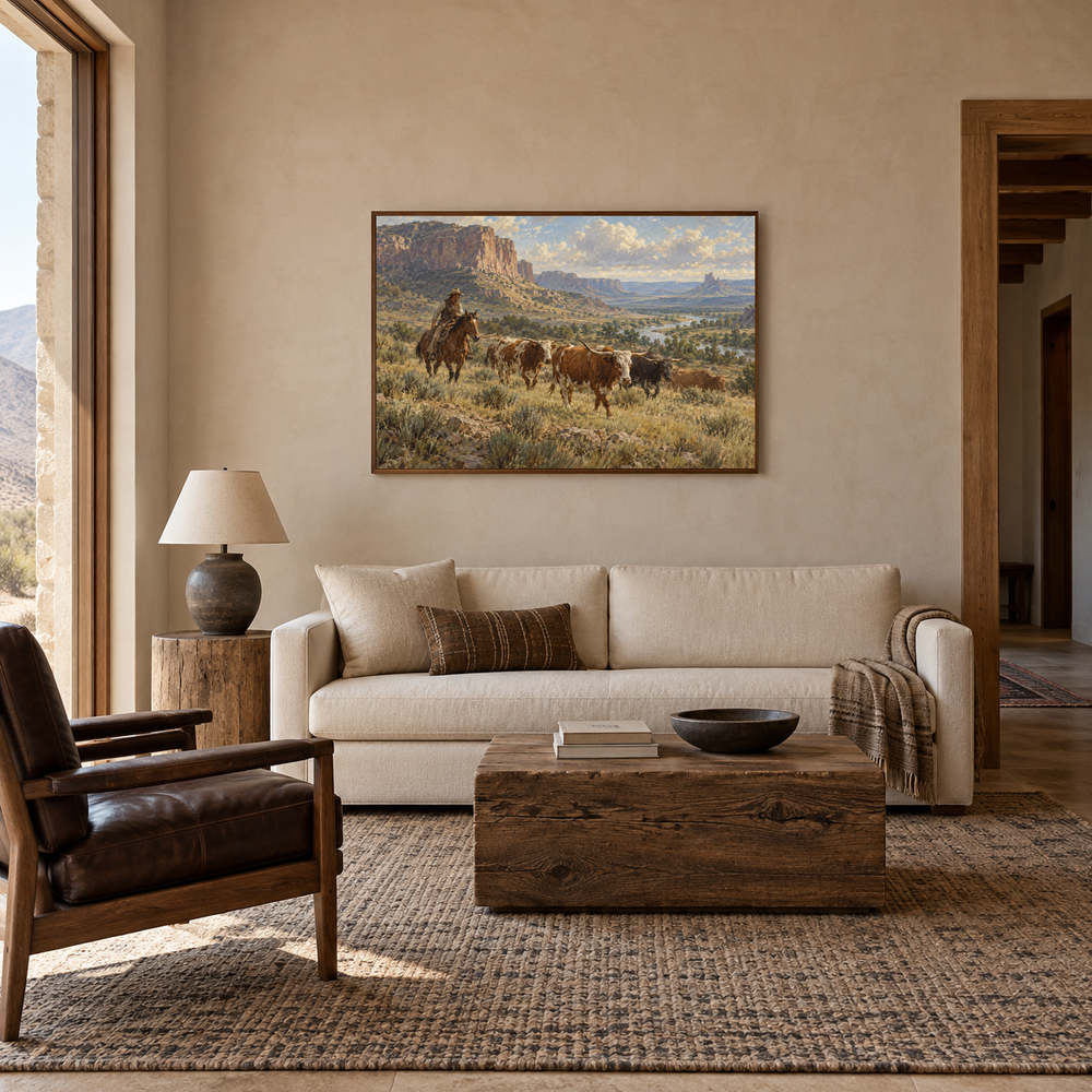 Working Range Western oil painting displayed in a living room