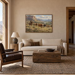 Working Range Western oil painting displayed in a living room