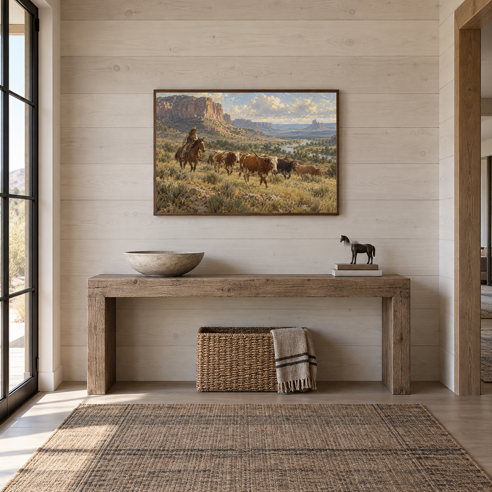 Working Range Western oil painting displayed in a entryway