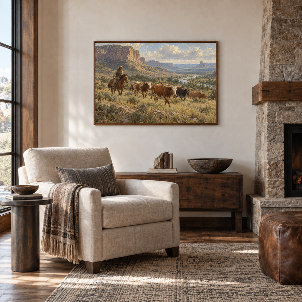 Working Range Western oil painting displayed in a reading room