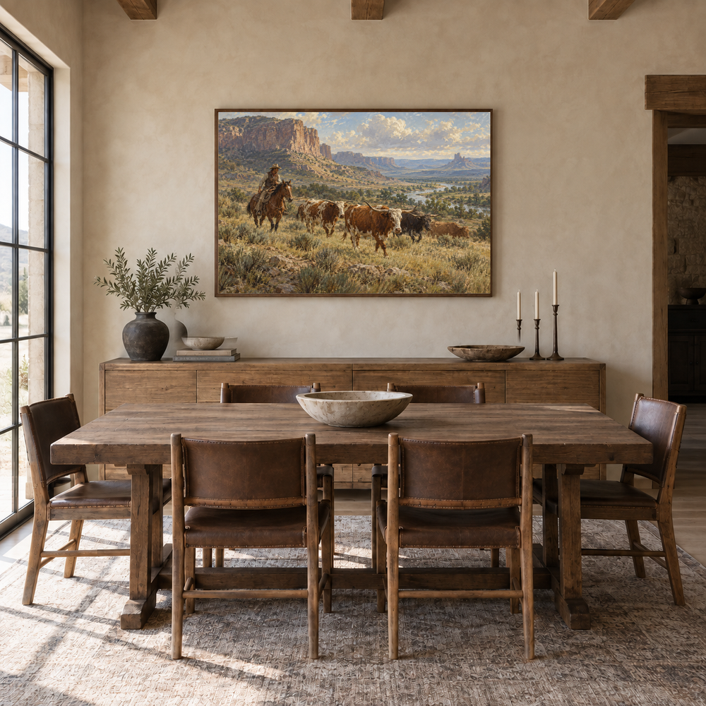 Working Range Western oil painting displayed in a dining room