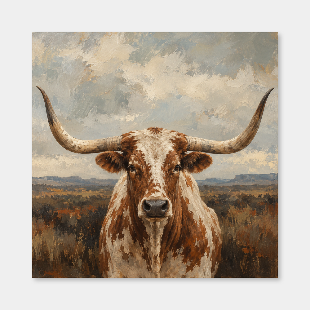 Quiet Range longhorn Western oil painting in russet and ivory on a gray background