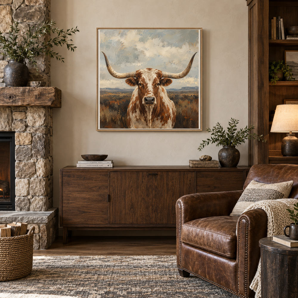 Quiet Range longhorn oil painting displayed in a mountain lodge reading room beside a stone fireplace