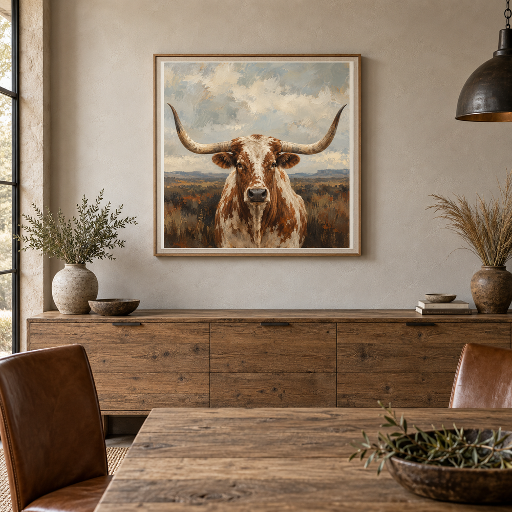 Quiet Range longhorn oil painting displayed in a ranch dining room above an oak sideboard