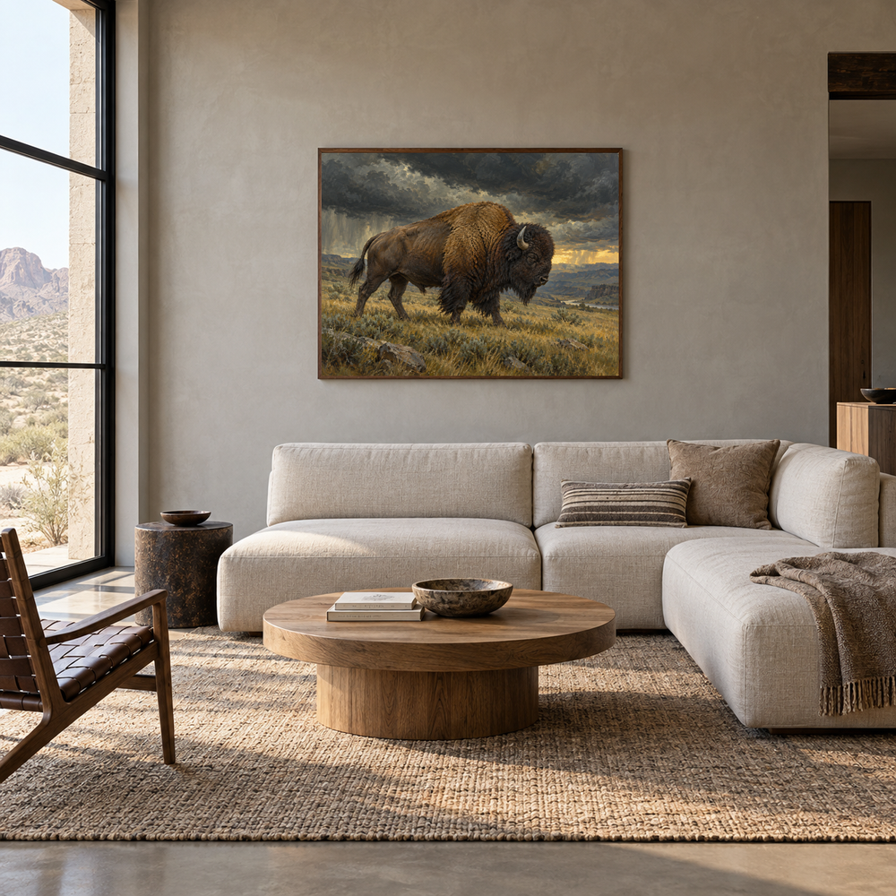 Storm Bison Western oil painting displayed in a living room