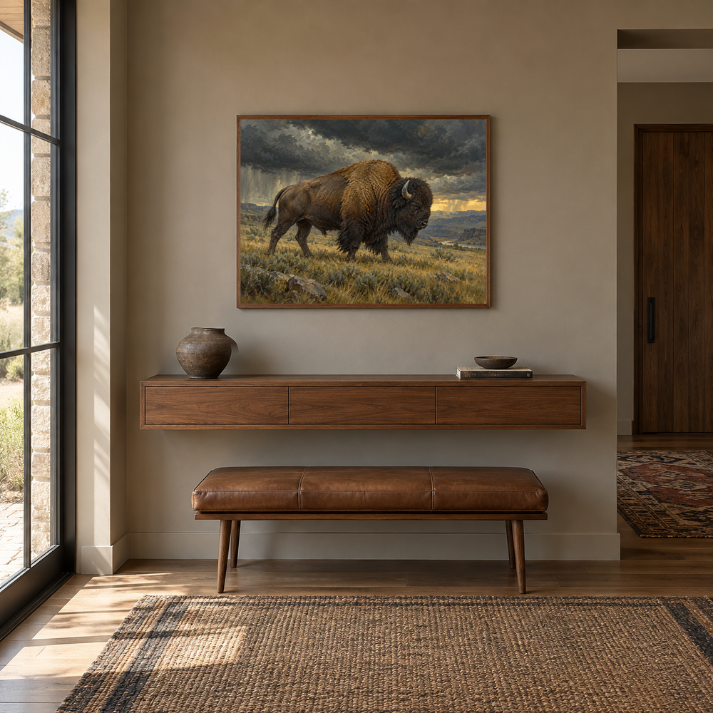 Storm Bison Western oil painting displayed in a entryway