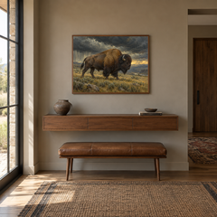 Storm Bison Western oil painting displayed in a entryway