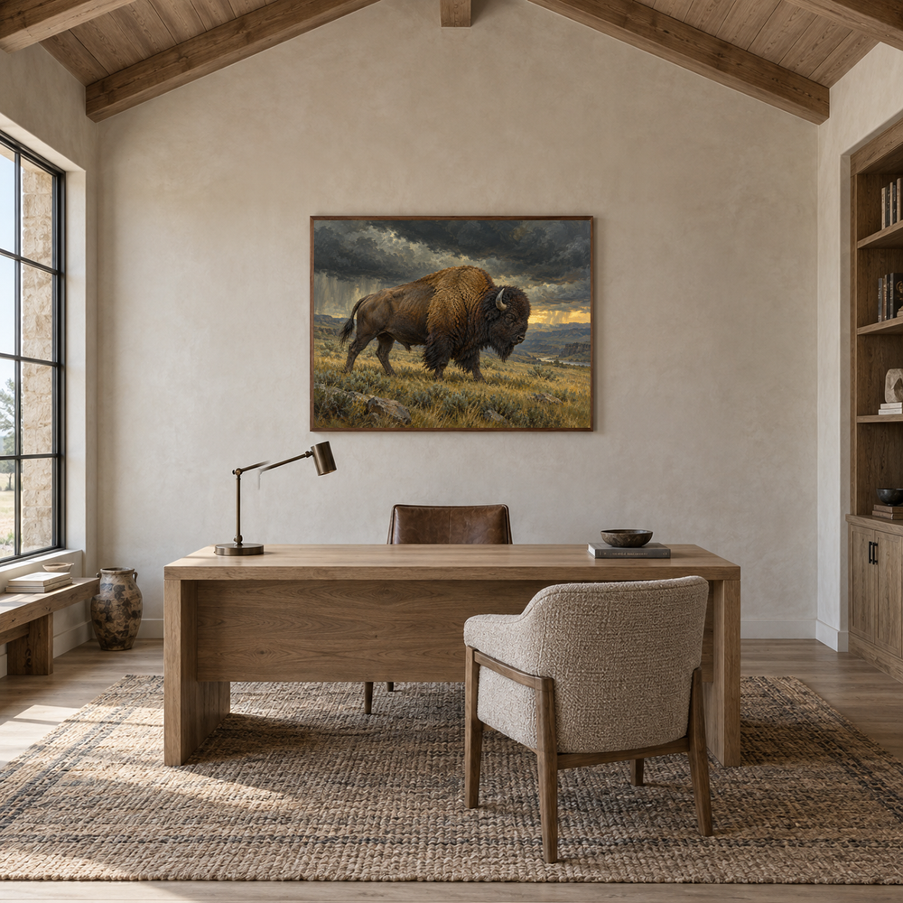 Storm Bison Western oil painting displayed in a study