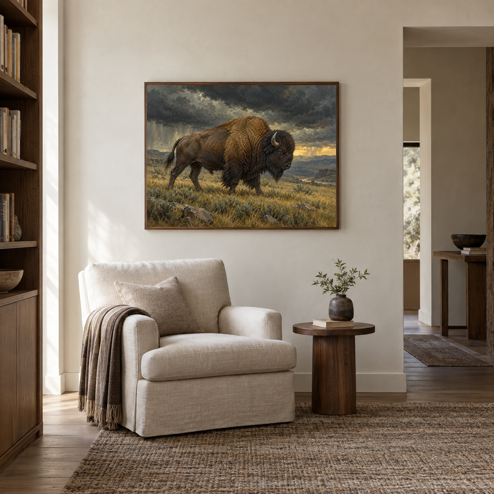 Storm Bison Western oil painting displayed in a reading room