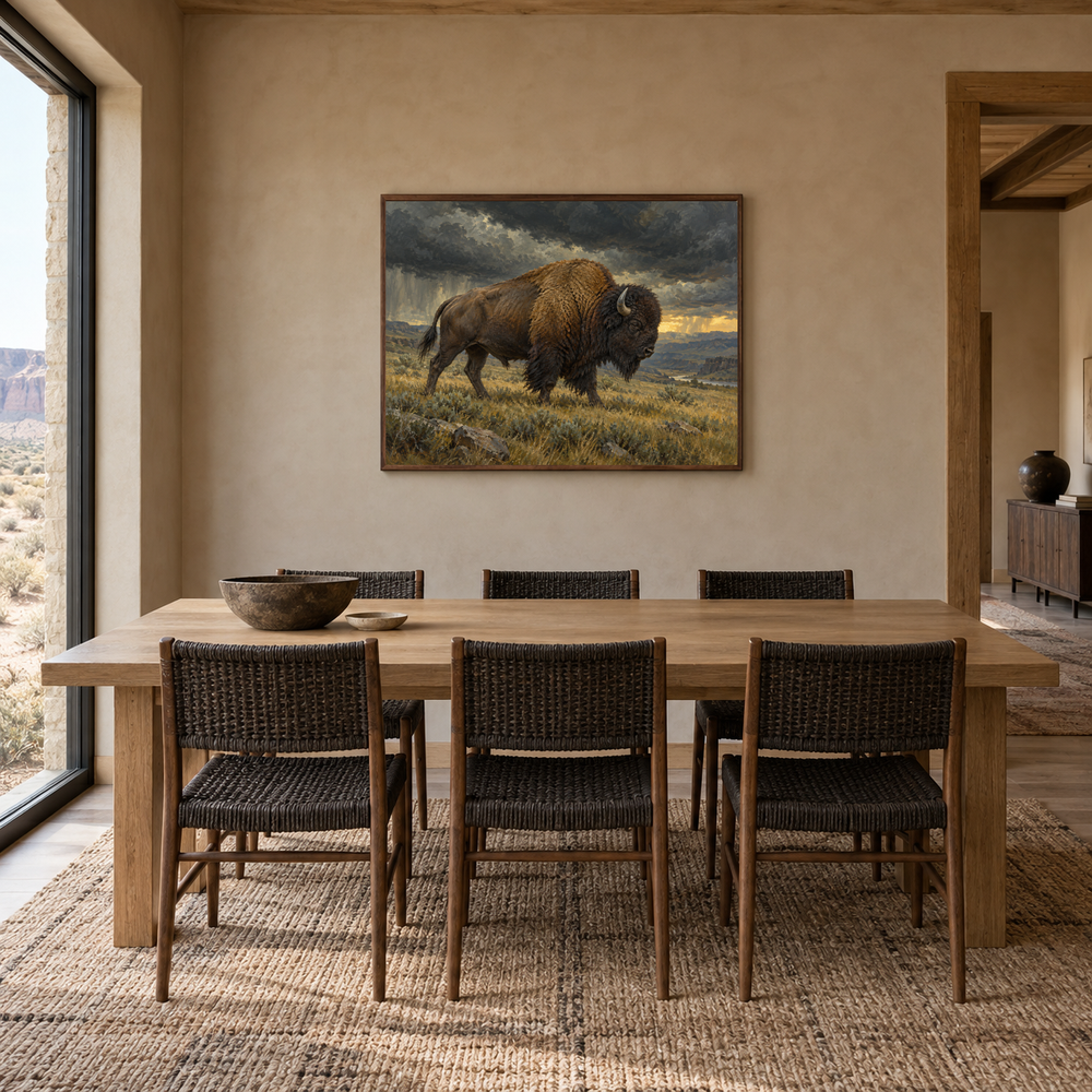 Storm Bison Western oil painting displayed in a dining room