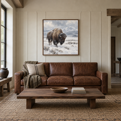 Buffalo in Snow Western oil painting displayed in a living room