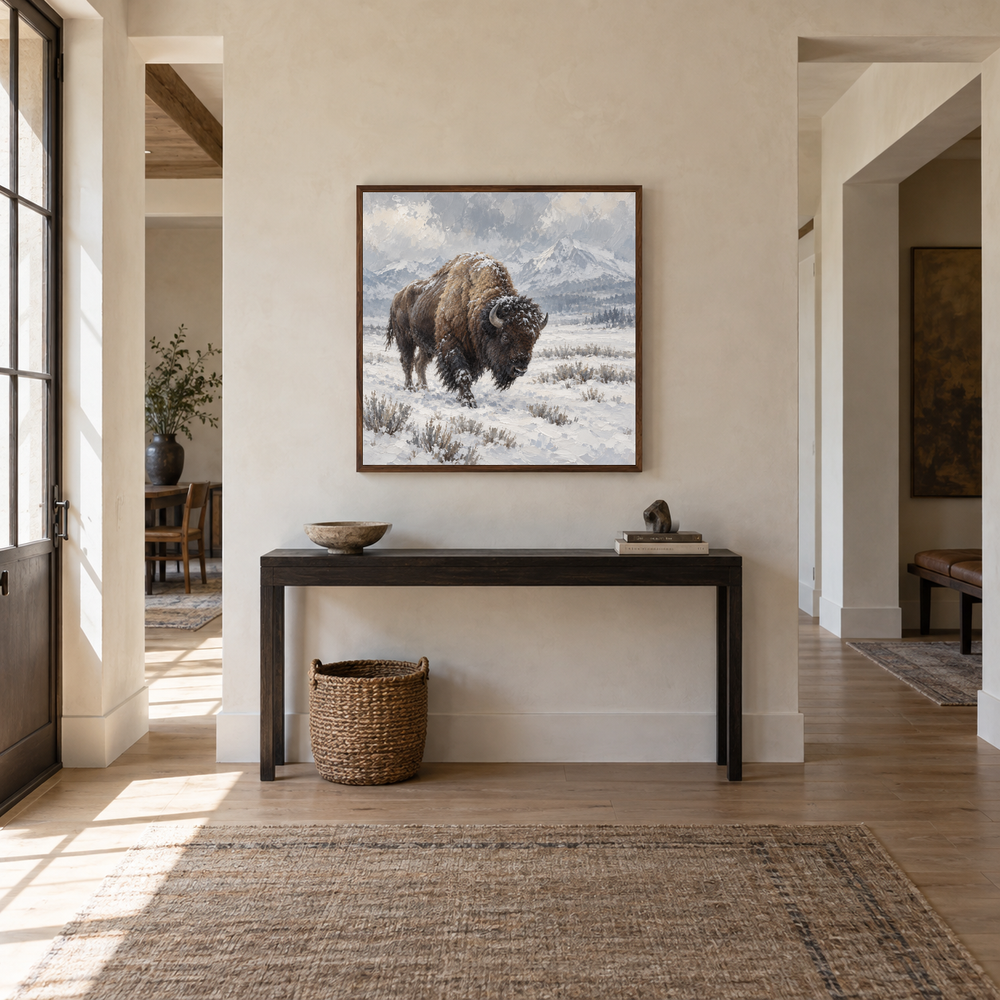 Buffalo in Snow Western oil painting displayed in a entryway