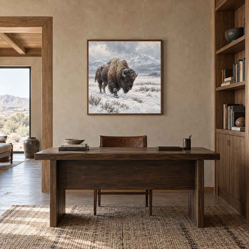 Buffalo in Snow Western oil painting displayed in a study