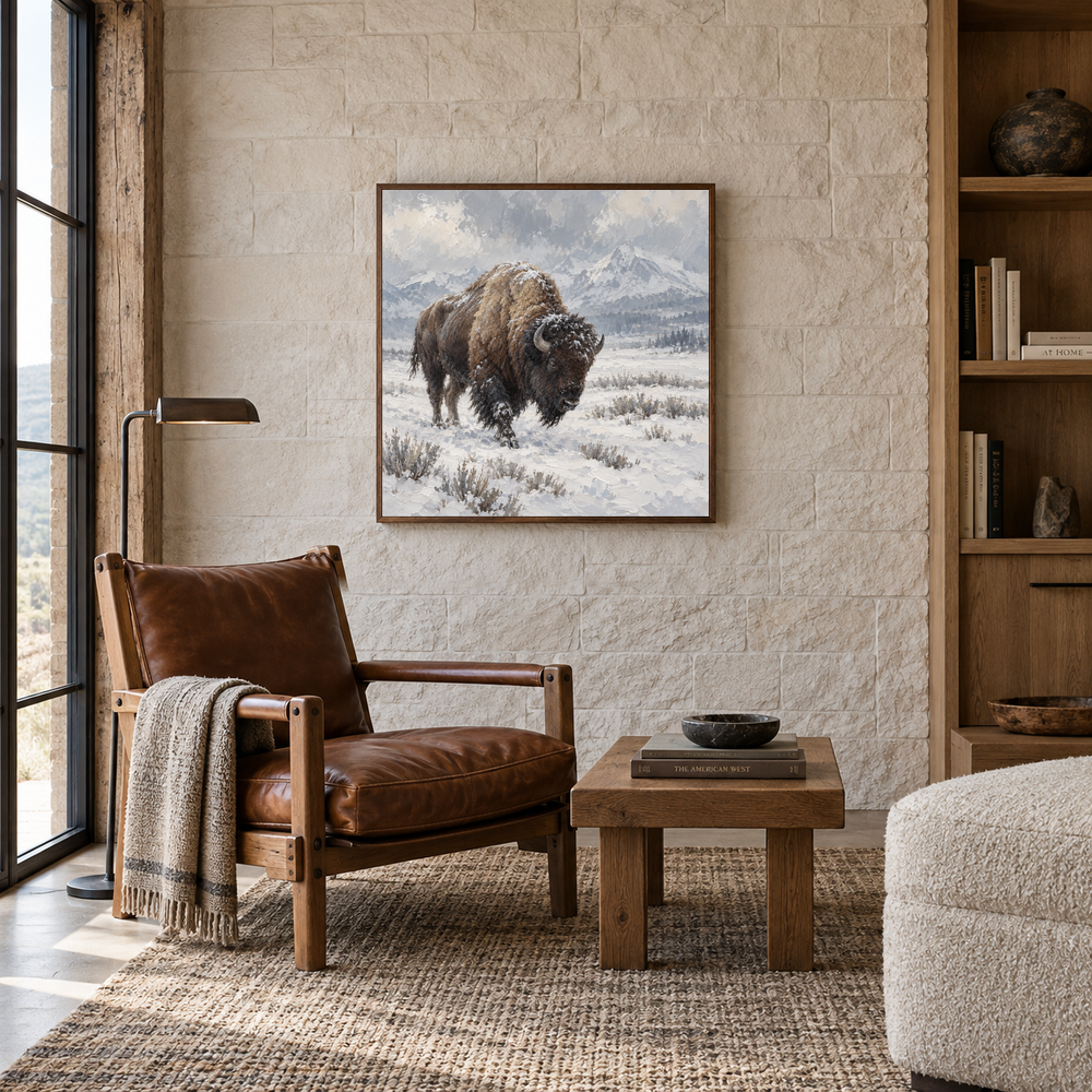 Buffalo in Snow Western oil painting displayed in a reading room