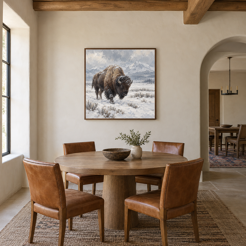 Buffalo in Snow Western oil painting displayed in a dining room