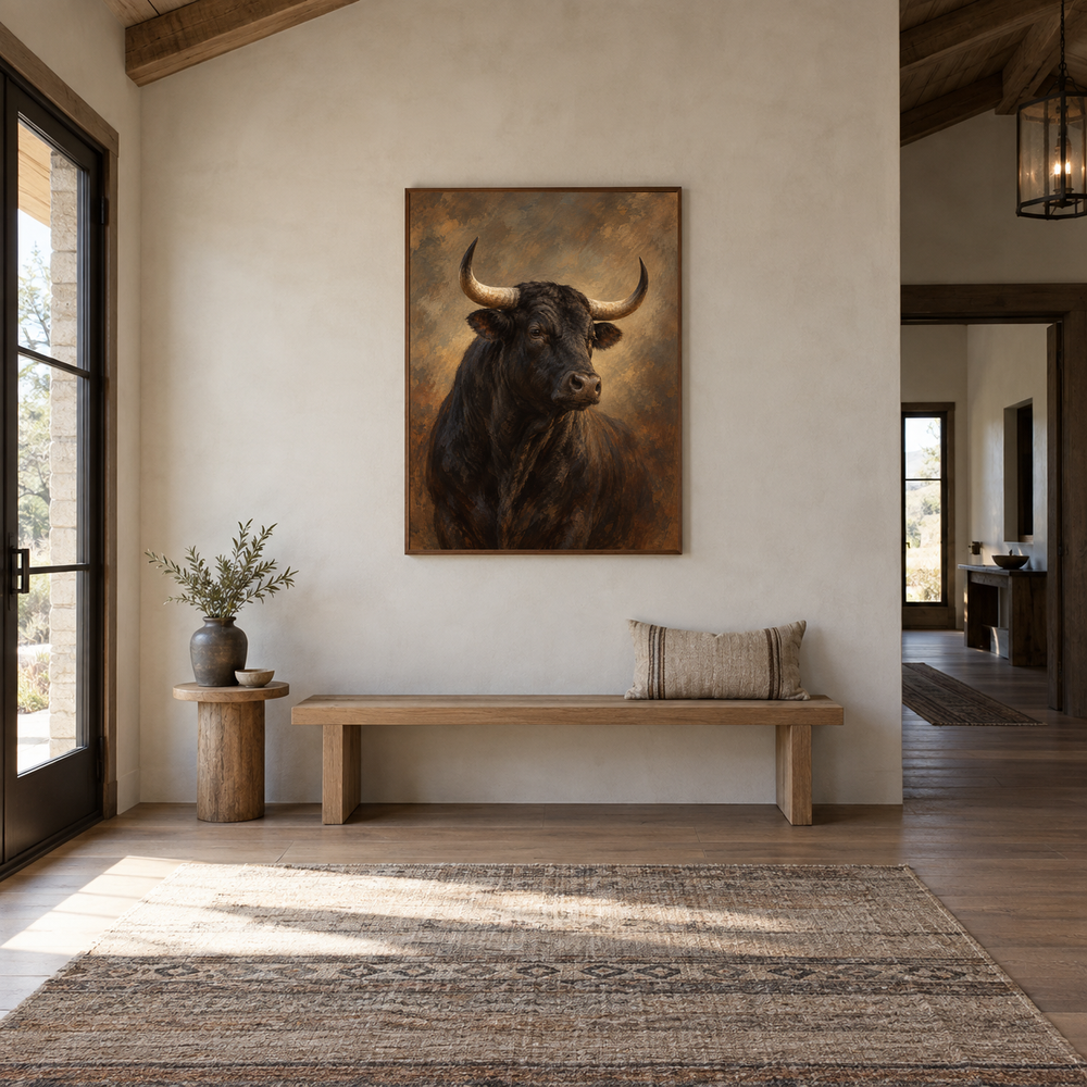 Black Bull Study Western oil painting displayed in a entryway