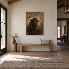 Black Bull Study Western oil painting displayed in a entryway