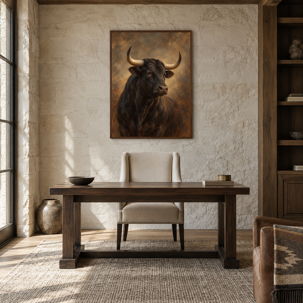 Black Bull Study Western oil painting displayed in a study